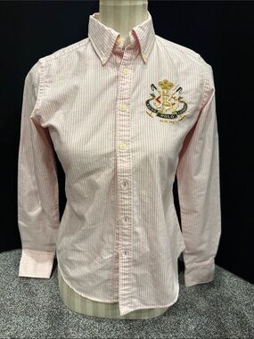 Ralph Lauren Pink White Striped Button-Down Shirt with Crest